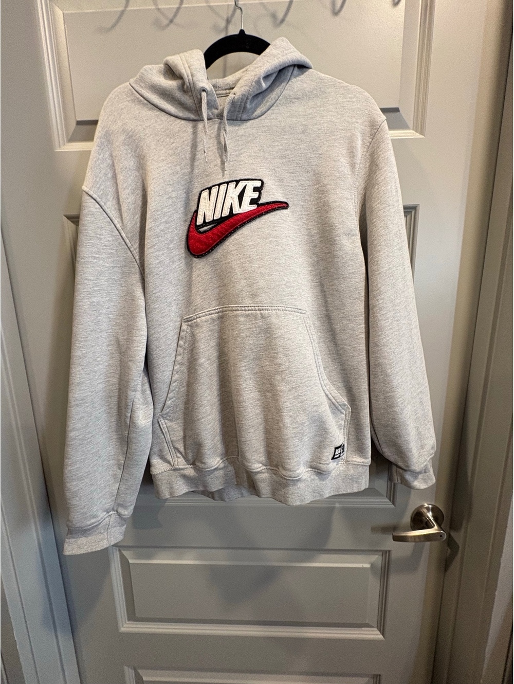 Nike Gray Hoodie with Red and White Logo, Size L-200